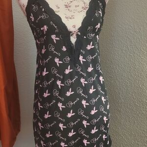 PLAYBOY Pink & Black Lace Trim Chemise with Bunny Charm